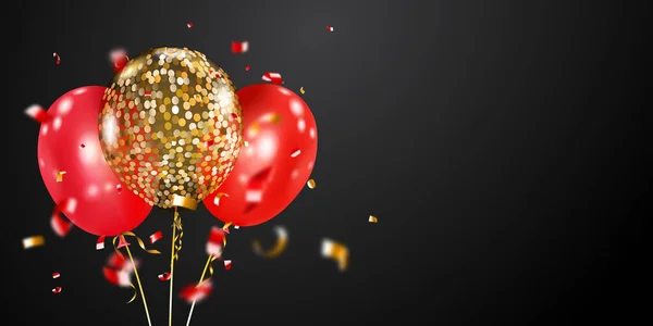 Festlig Bakgrund Med Gyllene Och Röda Luftballonger Och Glänsande Bitar — Stock vektor