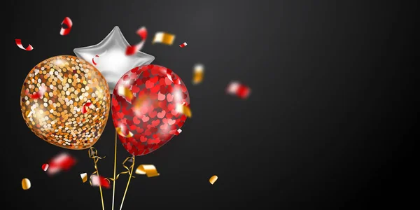 Fondo Festivo Con Globos Aéreos Dorados Rojos Plateados Piezas Brillantes — Archivo Imágenes Vectoriales