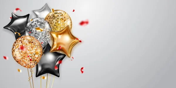 Altın Gümüş Hava Balonları Parlak Yılan Parçalarıyla Şenlikli Bir Arka — Stok Vektör