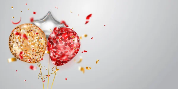 Fondo Festivo Con Globos Aéreos Dorados Rojos Plateados Piezas Brillantes — Archivo Imágenes Vectoriales