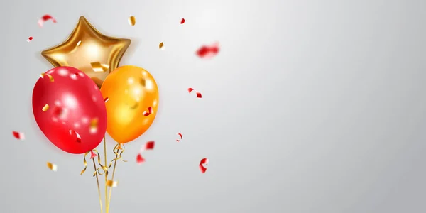 Festlicher Hintergrund Mit Goldenen Und Roten Luftballons Und Glänzenden Serpentinenstücken — Stockvektor