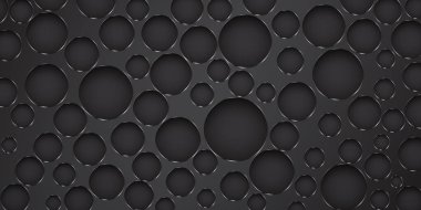 Farklı boyutlarda, parlak kenarlı siyah renklerde büyük deliklerden oluşan soyut arkaplan