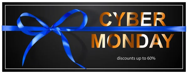 Cyber Monday Verkaufsbanner Mit Blie Schleife Und Bändern Auf Schwarzem — Stockvektor