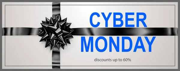 Cyber Monday Sale Banner Black Bow Ribbons White Background Vector — Stock Vector