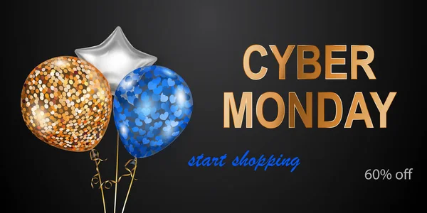 Cyber Pondělí Prodej Banner Modrým Zlatým Stříbrným Balónky Černém Pozadí — Stockový vektor