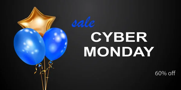 Cyber Monday Banner Vendita Con Palloncini Blu Dorati Sfondo Nero — Vettoriale Stock