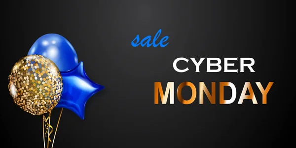 Bannière Vente Cyber Monday Avec Ballons Bleus Dorés Sur Fond — Image vectorielle