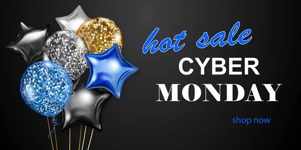 Bannière Vente Cyber Monday Avec Ballons Bleus Dorés Argentés Sur — Image vectorielle