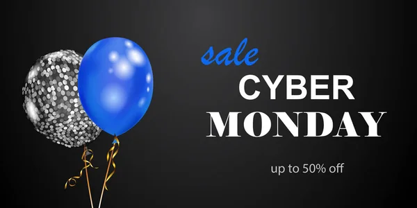 Cyber Monday Verkaufsbanner Mit Blauen Und Silbernen Luftballons Auf Schwarzem — Stockvektor