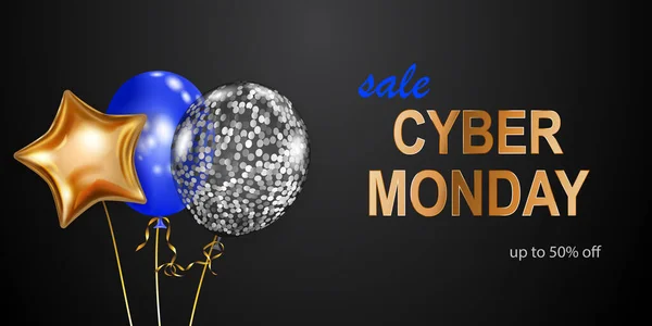 Bannière Vente Cyber Monday Avec Ballons Bleus Dorés Argentés Sur — Image vectorielle