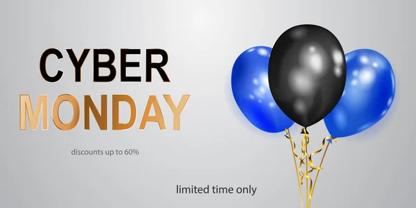 Cyber Monday Verkaufsbanner Mit Blauen Und Schwarzen Luftballons Auf Weißem — Stockvektor