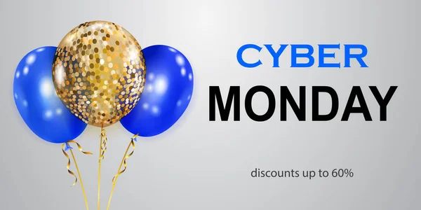 Cyber Monday Verkaufsbanner Mit Blauen Und Goldenen Luftballons Auf Weißem — Stockvektor