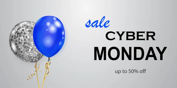 Cyber Monday Verkaufsbanner Mit Blauen Und Silbernen Luftballons Auf Weißem — Stockvektor