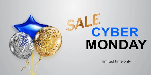 Bannière Vente Cyber Monday Avec Ballons Bleus Dorés Argentés Sur — Image vectorielle