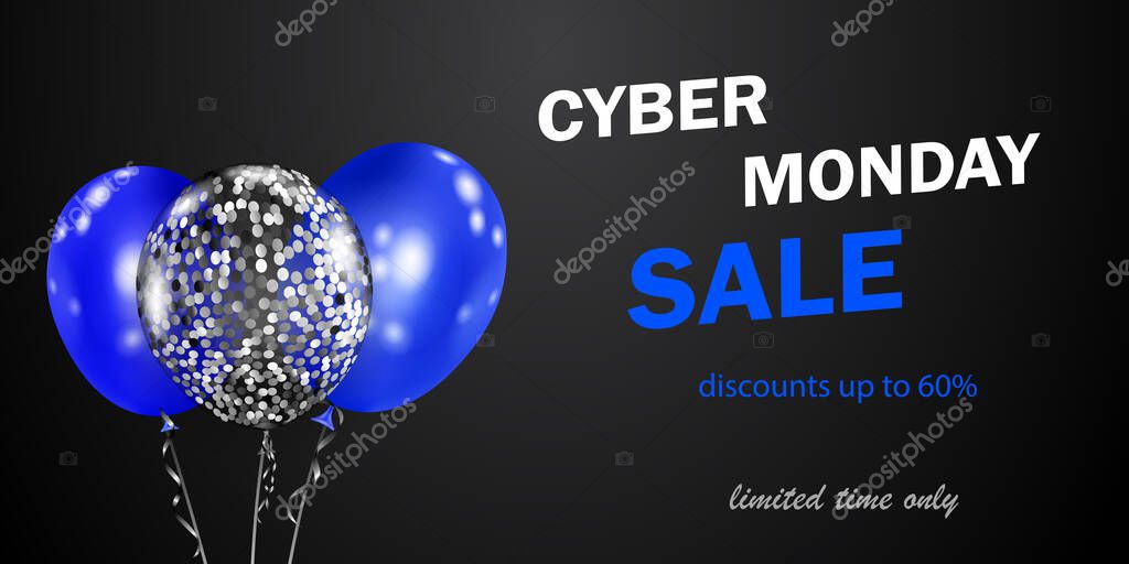 Cyber Monday sale banner with blue and silver balloons on black background. Vector illustration for posters, flyers or cards.
