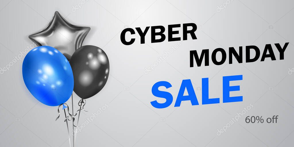 Cyber Monday sale banner with blue, black and silver balloons on white background. Vector illustration for posters, flyers or cards.