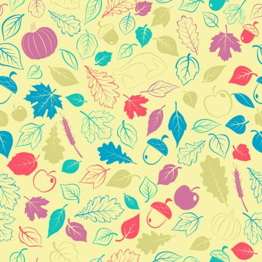 Sonbahar yapraklı, sebzeli ve hindili, sarı arka planda renklendirilmiş Şükran Günü şablonunuz kutlu olsun.