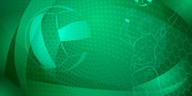 Voleybol temalı arka plan koyu yeşil tonlarda soyut kıvrımlar, kıvrımlar ve noktalı çizgiler ile erkek voleybol oyuncusu topa vuruyor.