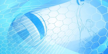 Voleybol temalı arka plan soyut kabartmalar, kıvrımlar ve çizgilerle, erkek voleybol oyuncusu topa vuruyor.