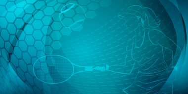 Tenis temalı arka plan mavi tonlarda soyut kıvrımlar, kıvrımlar ve noktalı çizgilerle, kadın bir tenisçi iş başında, topa vurmak için raket sallıyor.