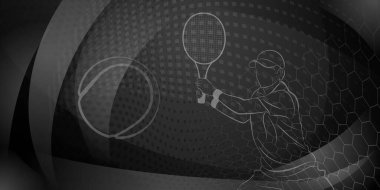 Tenis temalı arka plan siyah tonlarda soyut kıvrımlar, kıvrımlar ve noktalarla, erkek bir tenisçi iş başında, topa vurmak için raket tutuyor.