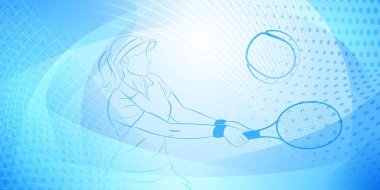 Tenis temalı arka planda soyut çizgiler, kıvrımlar ve noktalar, kadın bir tenisçi iş başında, topa vurmak için raket sallıyor.