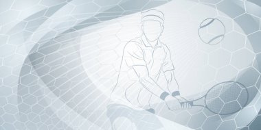 Tenis temalı arka plan, soyut kıvrımlar, kıvrımlar ve çizgilerle, topa vurmak için raket tutan bir erkek tenisçiyle birlikte.