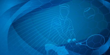 Tenis temalı arka plan mavi tonlarda soyut kıvrımlar, kıvrımlar ve çizgilerle, erkek tenisçi iş başında, topa vurmak için raket tutuyor.