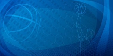 Basketbol temalı arka plan koyu mavi tonlarda soyut kıvrımlar, kıvrımlar ve noktalar, erkek basketbol oyuncusu ve top