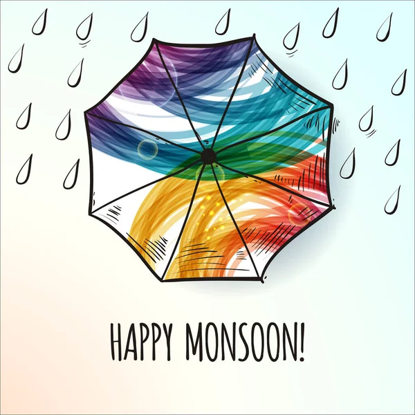 Happy Monsoon Seizoen Achtergrond Met Hand Getekend Kleurrijke Paraplu Regen — Stockfoto