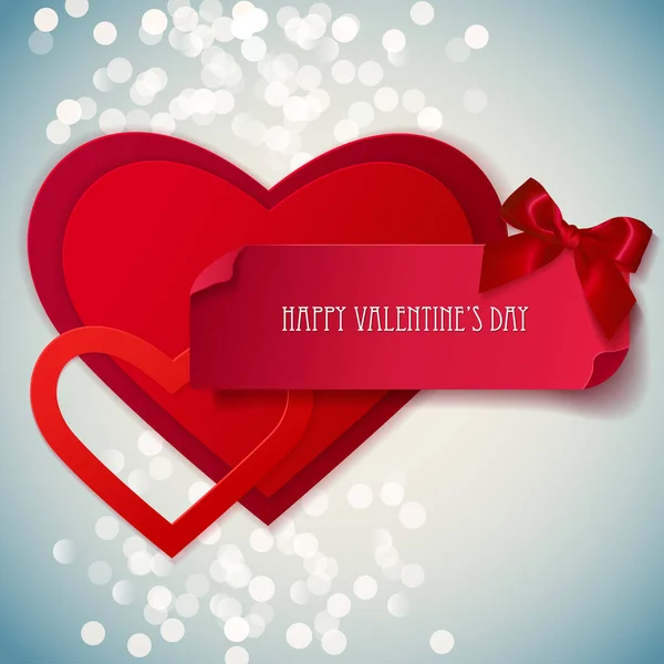 Fiyonklu Kırmızı Kağıt Kalpli Çıkartma Sevgililer Günü Afişi Tebrik Kartı — Stok Vektör