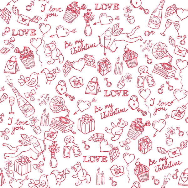 Valentinstag Handgezeichnet Doodle Hintergrund Mit Herzen Engel Und Verschiedene Andere — Stockvektor