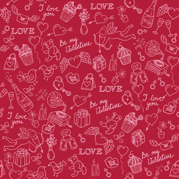 Valentinstag Handgezeichnet Doodle Hintergrund Mit Herzen Engel Und Verschiedene Andere — Stockvektor