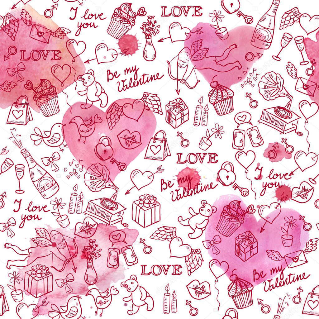 Valentine's day  hand drawn doodle background with hearts, angel and different other love symbols, vector seamless pattern 