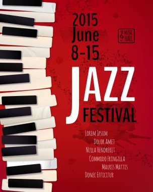 Caz müzik festivali, poster arka plan şablonu. Müzik notaları olan klavye. Flyer Vektör tasarımı. 