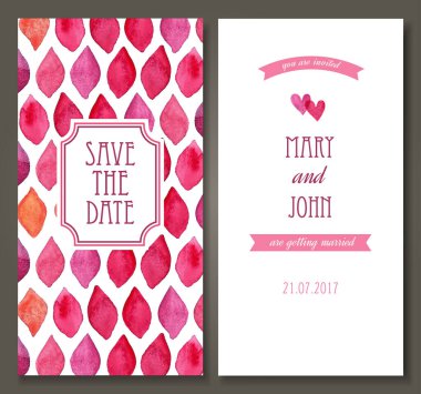 Suluboya Davet şablonları. Tarihi Kaydet, bebek partisi, anneler günü, sevgililer günü, doğum günü kartları, parti davetiyeleri için kullanılabilir. Vektör suluboya çizimi