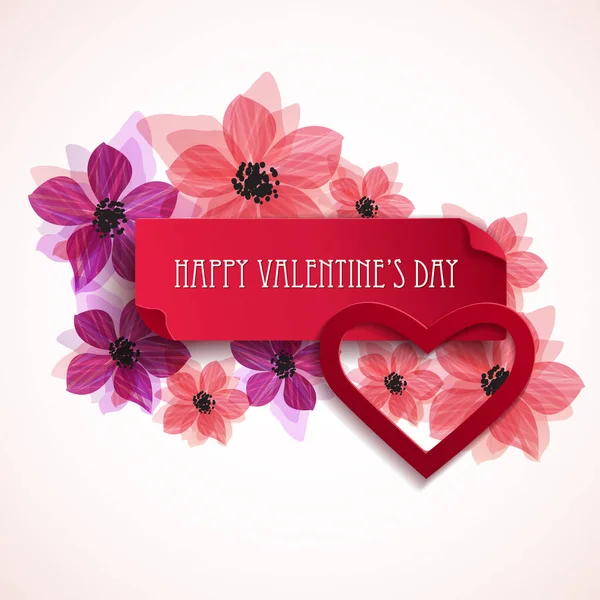 花の背景に赤い紙のバナーとハートシール バレンタインデーや春のバナー グリーティングカード ベクターイラスト — ストックベクタ