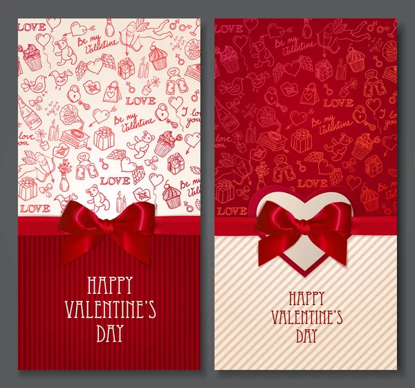Gelukkige Valentijnskaarten Doodle Symbolen Rode Boog Kaart Uitnodiging Sjablonen Vectorillustratie — Stockvector