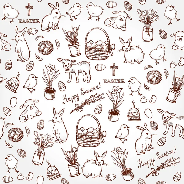 Happy Easterseamless Pattern Hand Drawn Doodle Symbols Vector Background — Stock Vector