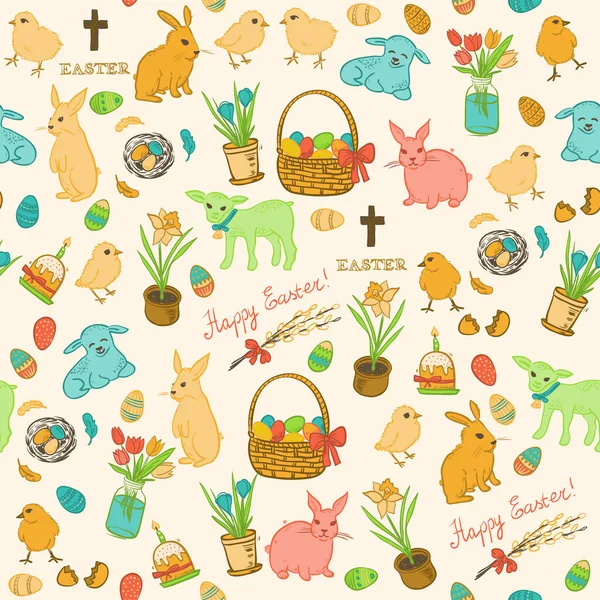 Happy Easter Seamless Pattern Hand Drawn Doodle Symbols Vector Background — Stock Vector