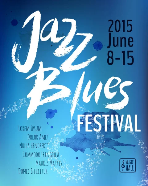 Jazz Blues Festival Musique Poster Modèle Fond Brochure Affiche Typographique — Image vectorielle