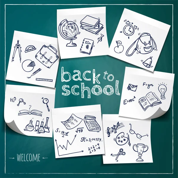 Willkommen Zurück Der Schule Mit Handgezeichneten Kritzelelementen Auf Sticknoten Vektorillustration — Stockvektor