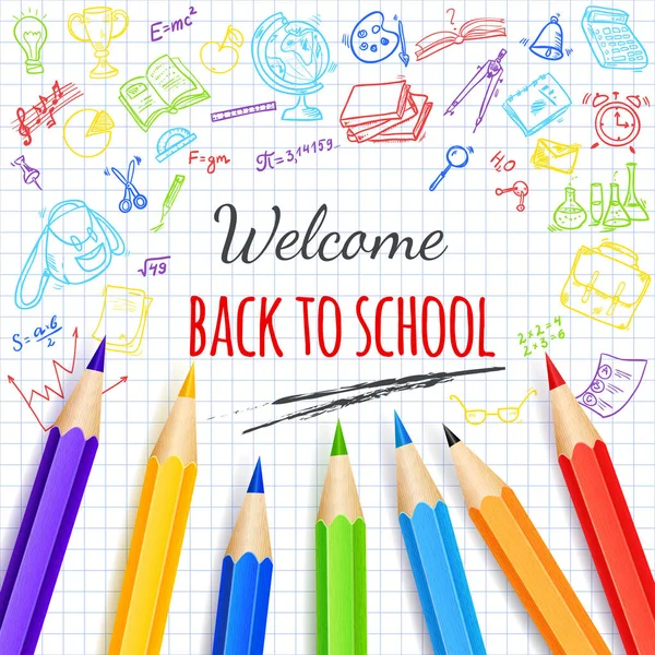 Welcome Back School Background Hand Drawn Doodle Elements Realistic Pencils — Stock Vector