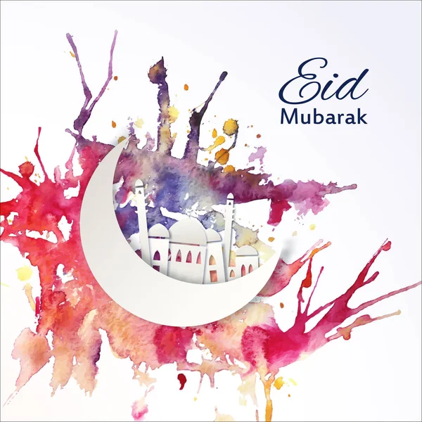 Κάρτα Eid Mubarak Χαιρετίσματα Από Ραμαζάνι Ένα Πολύχρωμο Φεγγάρι Ακουαρέλας — Διανυσματικό Αρχείο