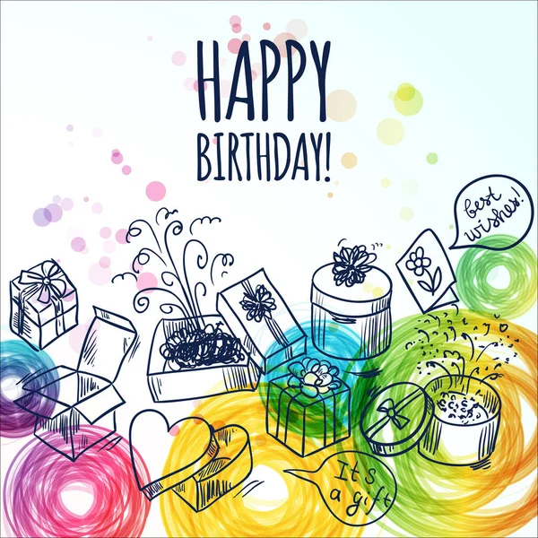 Tarjeta Cumpleaños Feliz Con Garabatos Dibujado Mano Cajas Regalo Ilustración — Vector de stock