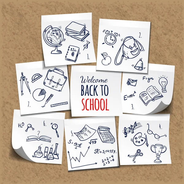 Willkommen Zurück Der Schule Mit Handgezeichneten Kritzelelementen Auf Sticknoten Vektorillustration — Stockvektor