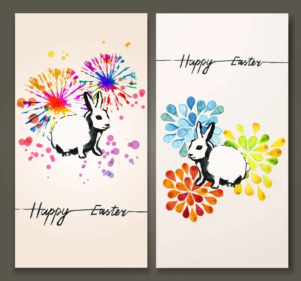Happy Easter Card Sketch Ink Watercolor Hand Drawn Illustration Rabbit — Stock Vector