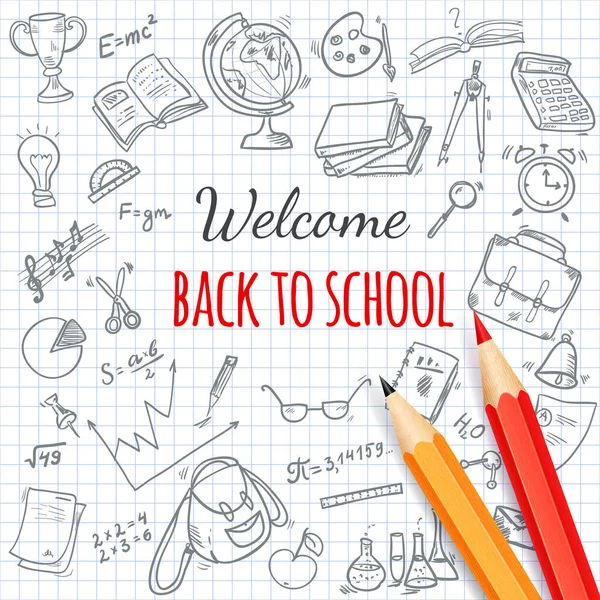 Willkommen Zurück Der Schule Mit Handgezeichneten Kritzelelementen Und Realistischen Bleistiften — Stockvektor
