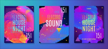 Elektronik müzik partisi posteri. Elektro ev kulübü festivali broşürü. Neon eğimli elektro ses dalgaları. Vektör soyut müzik arkaplanı.