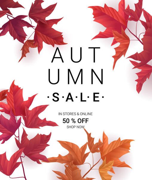 Big Autumn sale. Fall sale trendy design template. Can be used for flyers, banners or posters. Vector illustration with colorful autumn leaves 